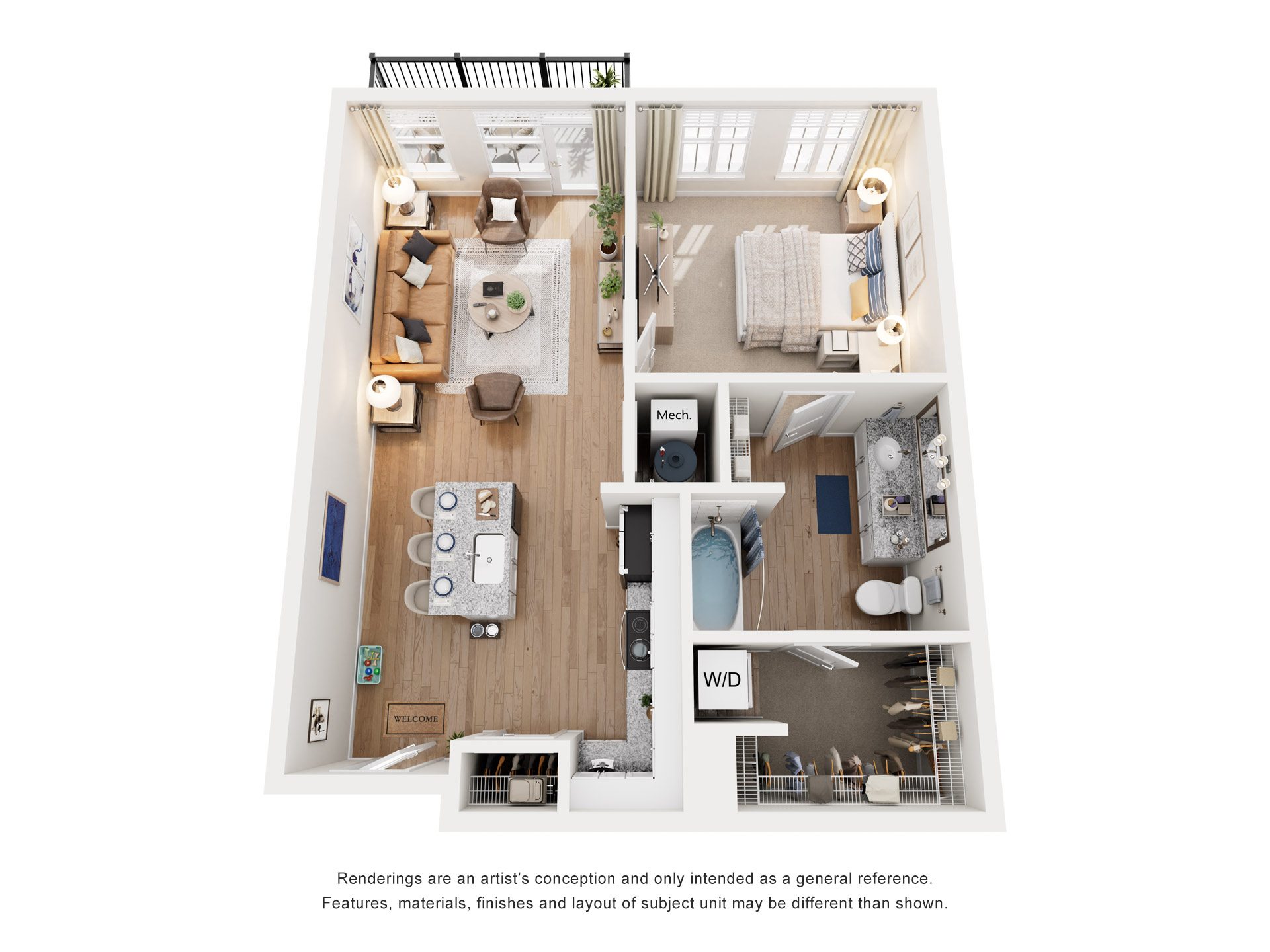 Floor plan for 1 bed, 1 bath, 713 sqft